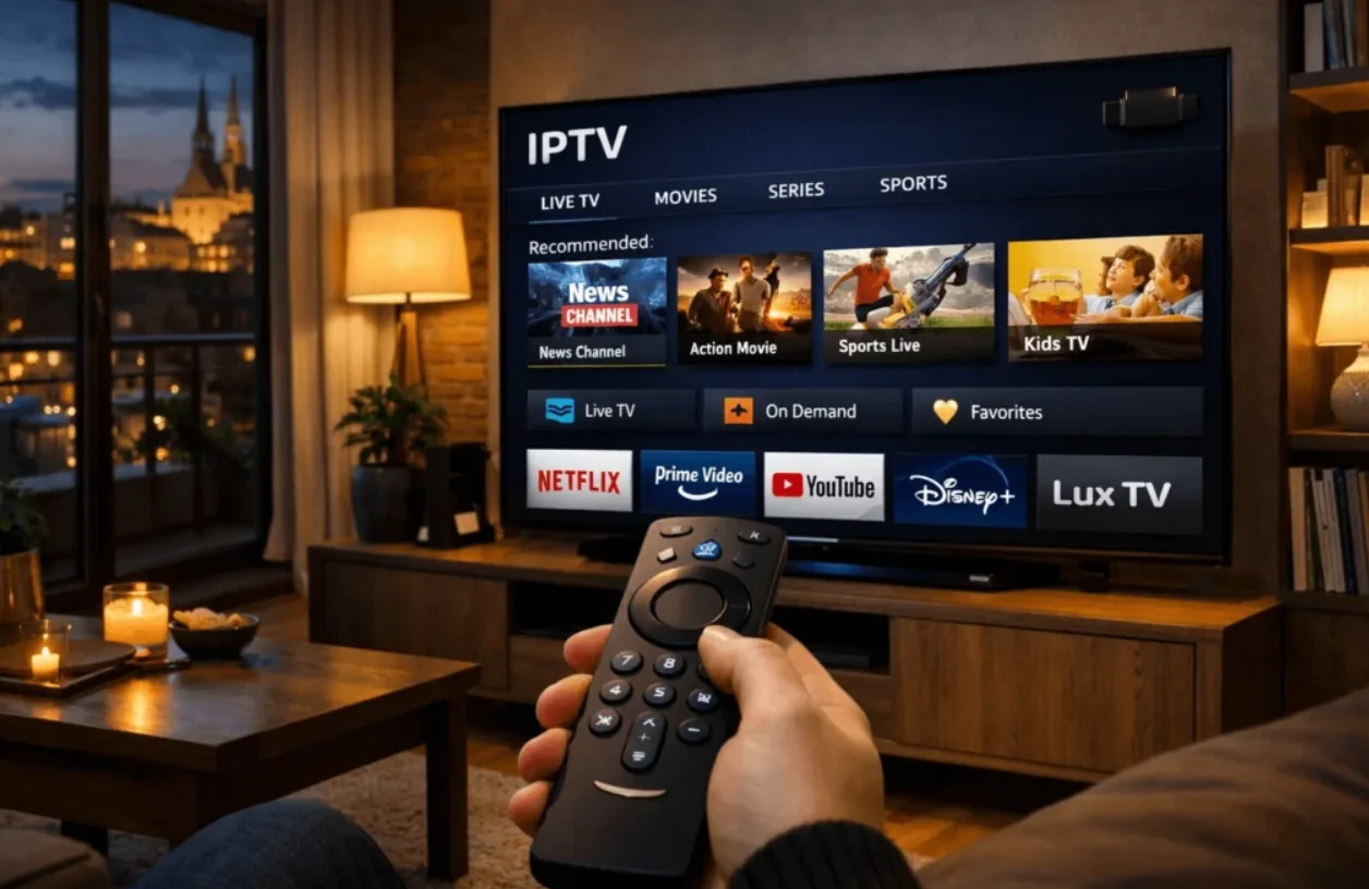 Belgium TV channels IPTV page with channel-rich living-room setup